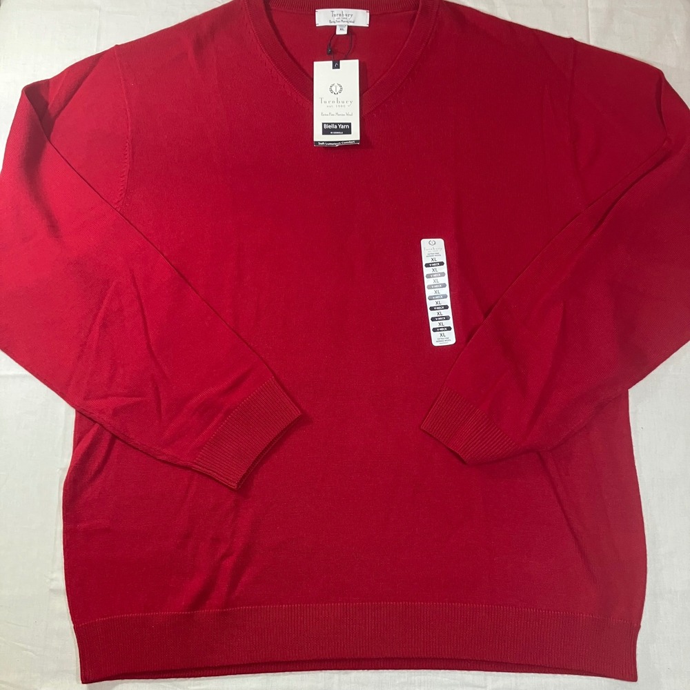Turnbury Mens XL V-Neck Sweater Red 100% Extra Fine Merino Wool Biella Yarn NEW
